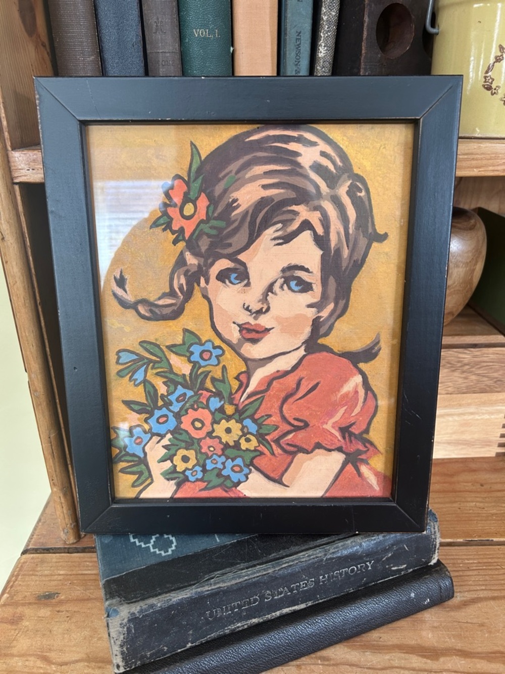 Vintage Girl with Flowers Glass Framed Art